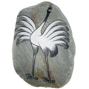 Hand-Painted Crane Design Decorative River Rock 3.25" Nature Art Stone